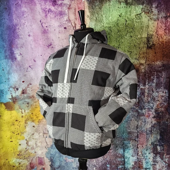 Large Black and White Checkered Full Zip Lined Hoodie - Picture 2 of 13